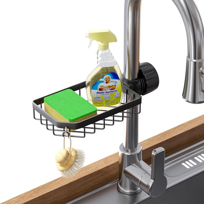 LONIN Stainless Steel Kitchen Sink Organizer Caddy – Over Faucet Sponge & Brush Holder, Rust-Resistant, Adjustable Universal Fit Faucet Rack, Quick Drain Sink Space Saver