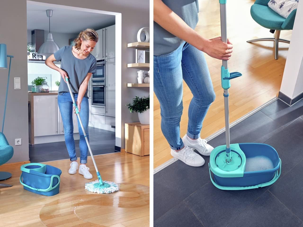 Leifheit Clean Twist Spin Mop and Bucket Set with Rollers | Telescopic Handle, 360° Joint, Spin-Dry System | Easy Glide Wheels | Blue