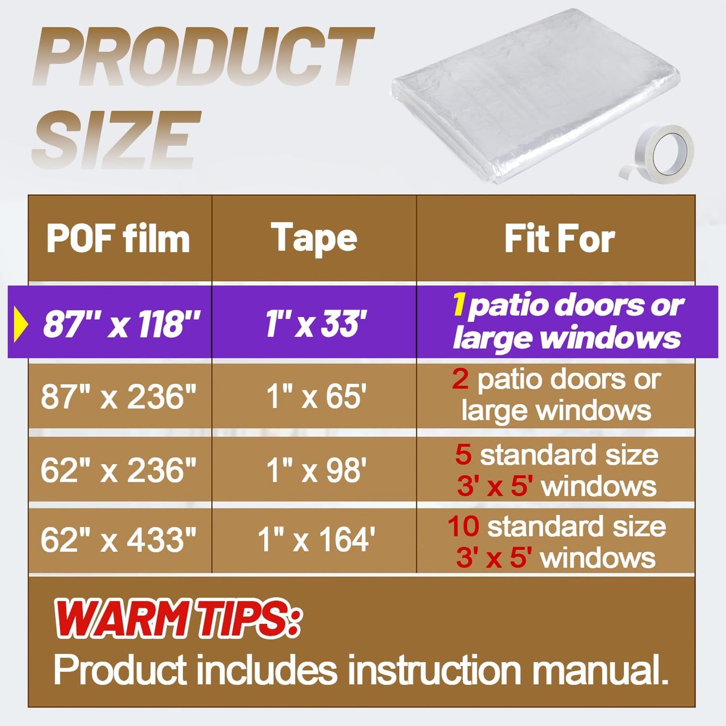 87×118in Patio Door Window Insulation Kit for Winter- Thicken Indoor Large Window Plastic for Winterizing, Clear Window Covering Shrink Film with Double-Side Tape to Keep Cold Out
