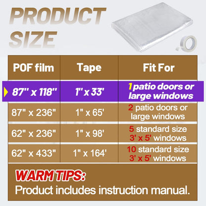 87×118in Patio Door Window Insulation Kit for Winter- Thicken Indoor Large Window Plastic for Winterizing, Clear Window Covering Shrink Film with Double-Side Tape to Keep Cold Out