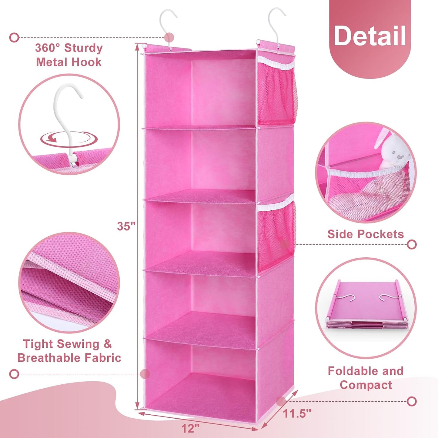 MAX Houser 4-Shelf Hanging Closet Organizer, Space Saver, Cloth Hanging Shelves with 2 Side Pockets, Foldable (Beige)