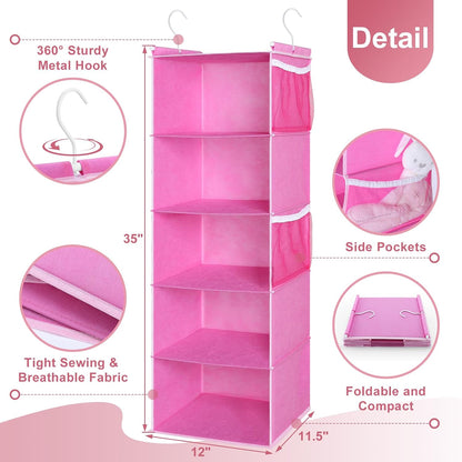 MAX Houser 4-Shelf Hanging Closet Organizer, Space Saver, Cloth Hanging Shelves with 2 Side Pockets, Foldable (Beige)