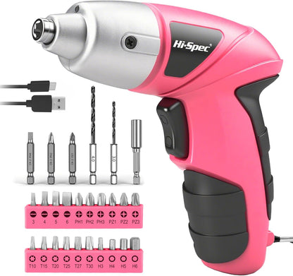 Hi-Spec Cordless Electric Screwdriver, Power Screw Driver Set with Pink Compact Tool Kit for Small Repair and Maintenance- Ideal Housewarming Gift,19 Piece