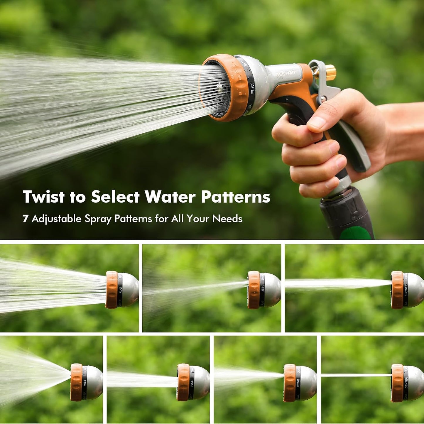 RESTMO Garden Hose Nozzle Heavy Duty, Leak-proof Water Hose Sprayer | 7 Adjustable Spray Patterns, Durable Metal, Flow Control, Ideal for Plants & Lawns Watering, Cars & Pets Washing, Green