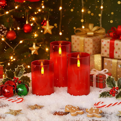 Amagic Clear Glass Flameless Candles Battery Operated with Timer, Remote Control, LED Pillar Candles, Battery Powered, Valentine's Day Decor, Pure White Wax, Set of 3