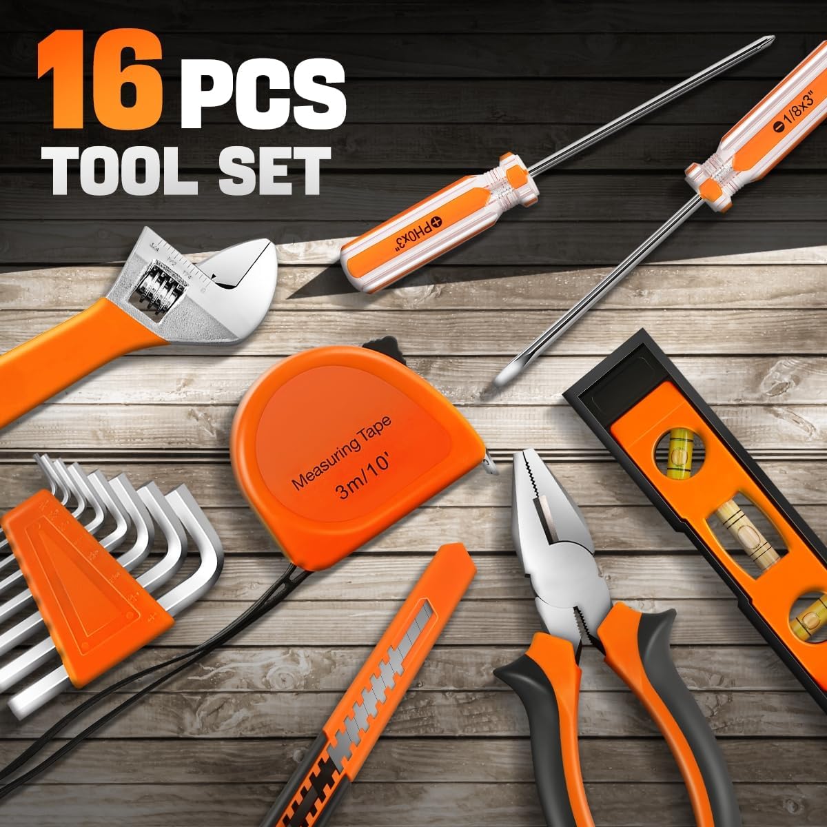 Auto Dynasty Tool Kit for Home 16-Pieces, Basic Household Hand Tool Sets with Hex Key Screwdriver and Adjustable Wrench, All in One Storage Bag for Garage, Home Maintenance, Auto Repair (Orange)