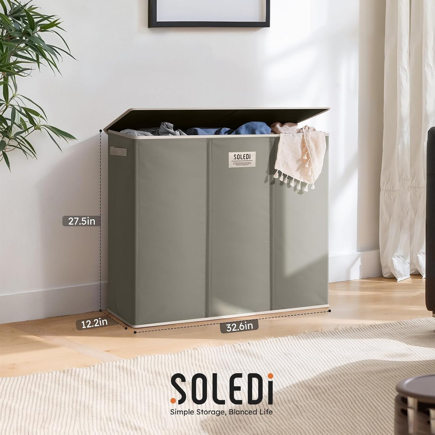 SOLEDI 180L Laundry Hamper 3 Section, Extra Large Laundry Hamper with Lid, Dirty Clothes Hamper with Sturdy Handle, Large Laundry Basket Organizer for Laundry Room, Bedroom, Hampers for Laundry