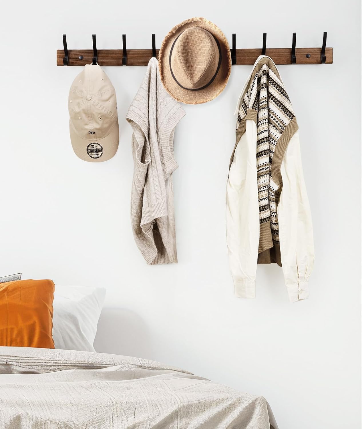 Optish Coat Rack Wall Mount, 16.5 Inches Wood Coat Hooks, Wall Hooks for Hanging, Hat Rack Bag Hanger Key Holder for Wall, Purse Hanger Towel Racks for Bathroom (1Pack, Brown)