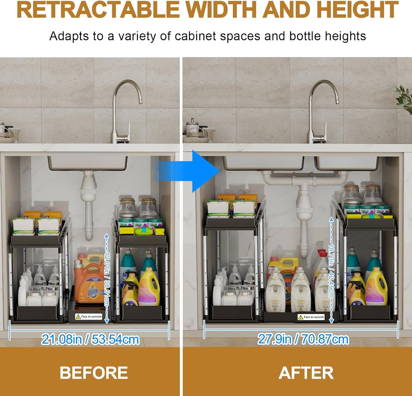 NIUXX Expandable Under Sink Organizer: 2 Tier Height Adjustable Under Cabinet Organizer - Double Pull Out Shelf Under Sink Storage for Kitchen - Bathroom and Laundry Room - Space Saving