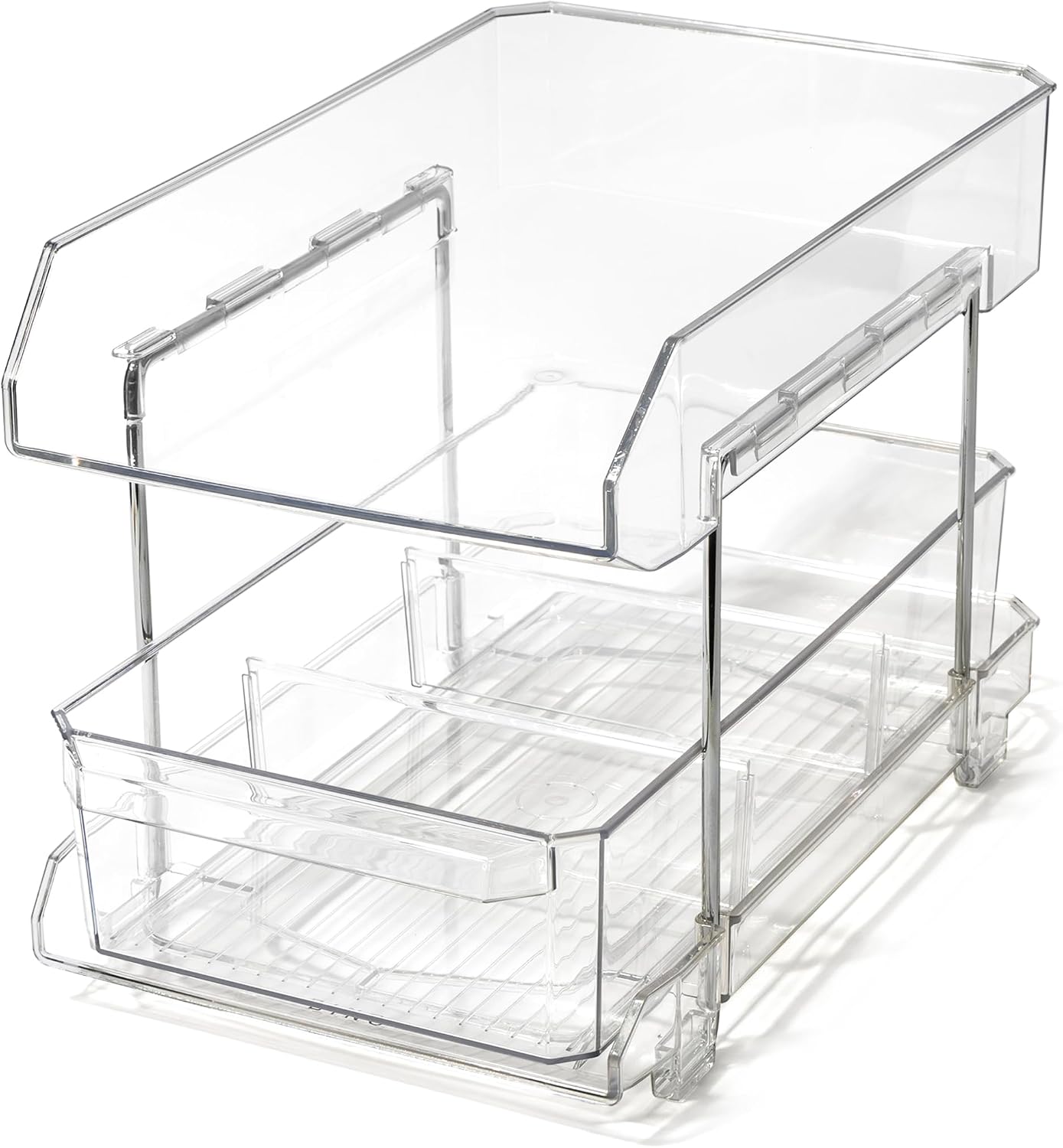 BINO 2 Tier Clear Storage Organizer with Dividers | Slide Out Drawer for Under Sink or Medicine Cabinet | Bathroom Closet, Vanity, Pantry Organizer | Under Cabinet Storage for Bathroom and Kitchen