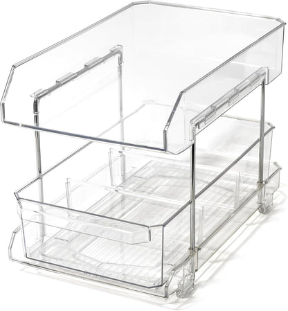 BINO 2 Tier Clear Storage Organizer with Dividers | Slide Out Drawer for Under Sink or Medicine Cabinet | Bathroom Closet, Vanity, Pantry Organizer | Under Cabinet Storage for Bathroom and Kitchen