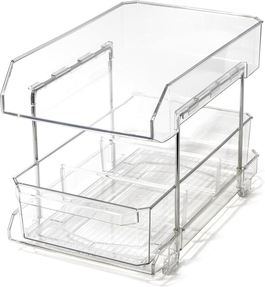 BINO 2 Tier Clear Storage Organizer with Dividers | Slide Out Drawer for Under Sink or Medicine Cabinet | Bathroom Closet, Vanity, Pantry Organizer | Under Cabinet Storage for Bathroom and Kitchen