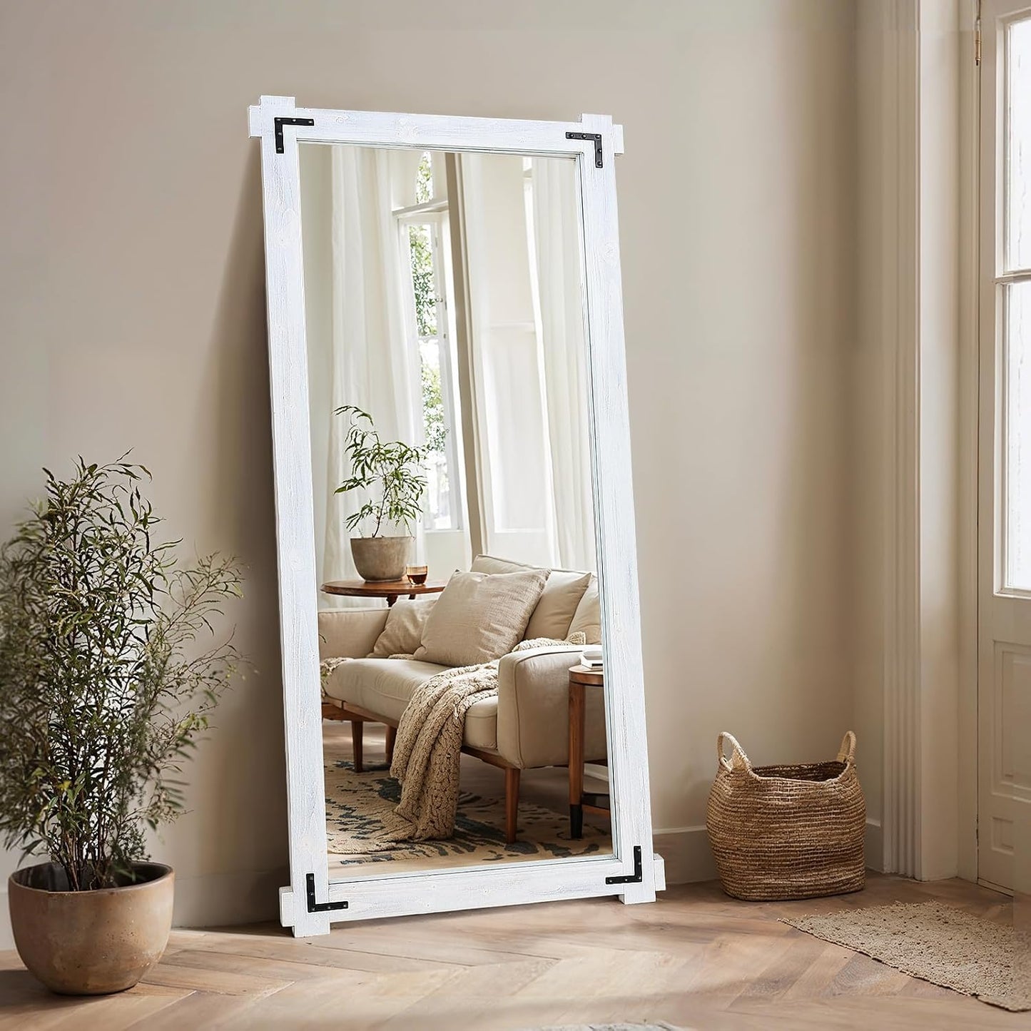 65x24 Inch Full Length Mirror, Pine Frame Full Body Standing Mirror with Metal Decorative, Black