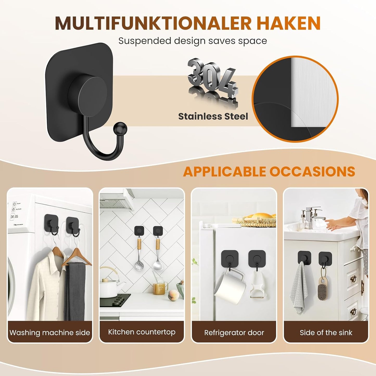 Aikzik 4 Pack Large Heavy Duty Wall Hooks - 26lb Max, Stainless Steel Adhesive Towel Hook, Shower Hooks for Hanging Towel, Coat, Robe, Wall Hook for Use in Bathroom, Kitchen and Door, Matte Black