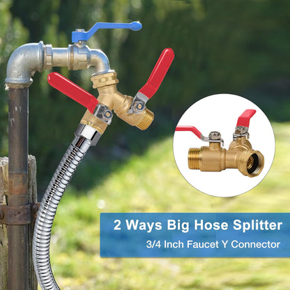 Garden Hose Splitter 2-Ways with Long Stainless Steel Handle, Full Flow Hose Splitter Connector Heavy Duty Brass, 3/4" GHT Thread Y Valve, Water Garden Hose Tap Adapter