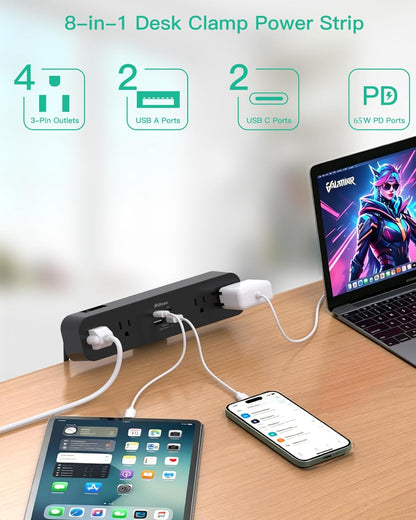Mifaso PD30W Desk Clamp Power Strip, Surge Protector, Fast Charging Station | 4 Outlets, 4 USB (2 USB C), 5FT Extension Cord, Desk Organizer Gaming Accessories Office Essentials, Fits 1.96" Tabletop Edge