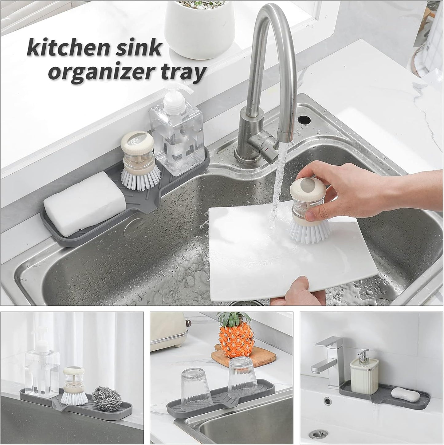 MicoYang Silicone Bathroom Soap Dishes with Drain Spout-Bathroom and Kitchen Sink Organizer,Sponge Holder,Dish Soap Tray,Perfect for Dispenser,Scrubber,Bottle,Cup on Sink or Counter-Coffee 4.9"×3.2"