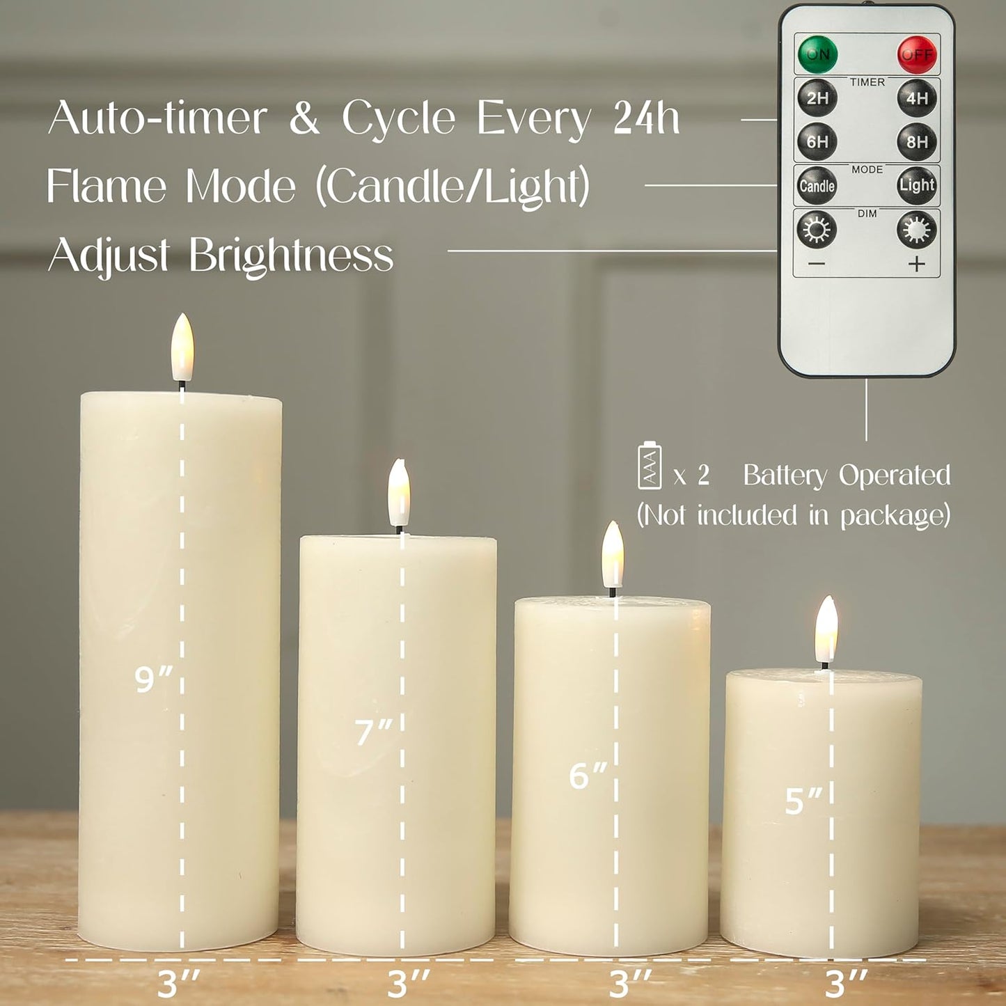 LUSHARBOR Flameless Candles, 4 Pack Battery Operated Candles with Remote, Real Wax LED Fake Candles with Timer Flickering for Christmas Wedding Home Party D3 H 5" 6" 7" 9" White
