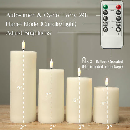 LUSHARBOR Flameless Candles, 4 Pack Battery Operated Candles with Remote, Real Wax LED Fake Candles with Timer Flickering for Christmas Wedding Home Party D3 H 5" 6" 7" 9" White