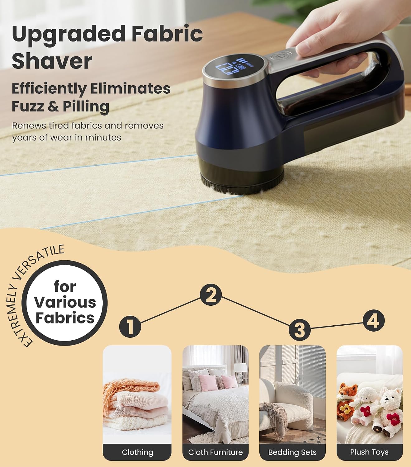 Rechargeable Fabric Shaver | 3-Speed Electric Lint Remover | 6 Blades High Eliminates Fuzz & Pilling | with LED Display & Type-C Fast Charging Port | Lint Shaver for Clothes & Furniture - Navy Blue