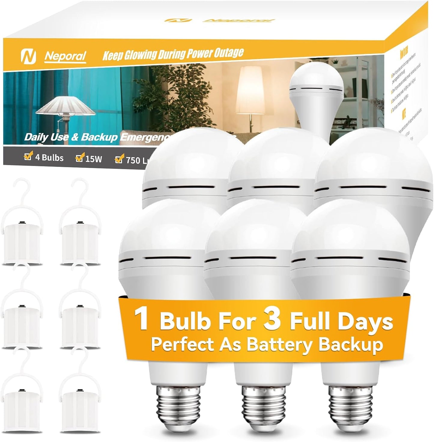 Neporal 4 Pack Emergency-Rechargeable-Light-Bulb, Stay Lights Up When Power Failure, 1500mAh 15W 80W Equivalent LED Light Bulbs for Home, Camping, Tent (E27, with Hook) (Daylight)