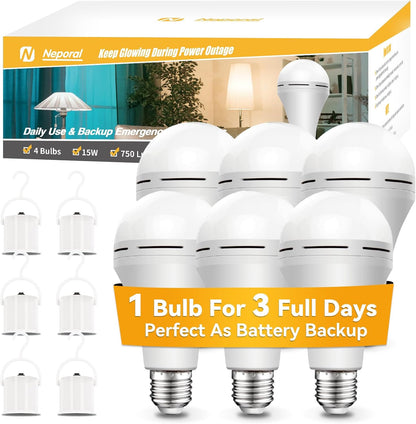 Neporal 4 Pack Emergency-Rechargeable-Light-Bulb, Stay Lights Up When Power Failure, 1500mAh 15W 80W Equivalent LED Light Bulbs for Home, Camping, Tent (E27, with Hook) (Daylight)
