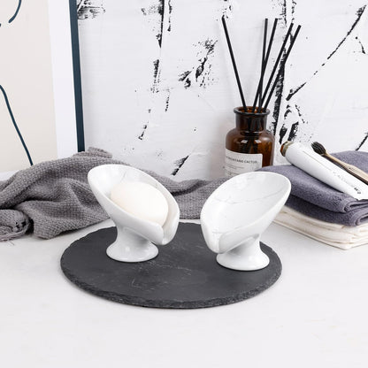 Small Soap Dish, Self Draining Bar Soap Holder for Bathroom Sink, Leaf Shaped Drainage Ceramic with Marble-Pattern Finish, Decorative Soap Dish, No Suction Cup, ANTIS'S HOME
