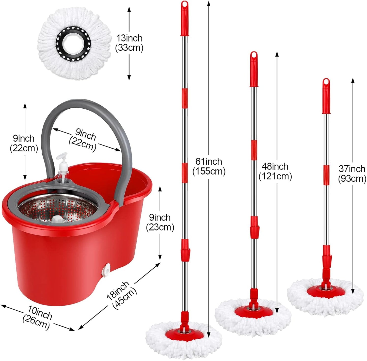 Spin Mop and Bucket with Wringer Set, 360° Spinning Mop Bucket System with 3 Microfiber Mop Replacement Heads and 50" Stainless Steel Adjustable Handle for Floor Cleaning