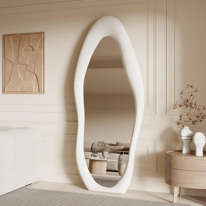Honyee Full Length Mirror, 63" x 24" Wall Mirror, Flannel Wrapped Wooden Frame Floor Mirror, Irregular Wavy Mirror Hanging or Leaning Against Wall for Cloakroom/Bedroom/Living Room, Milk Tea