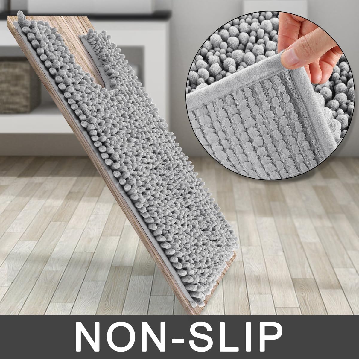 Yimobra Bathroom Rugs Non Slip Washable - Ultra Soft Absorbent Chenille Bath Mat, Quick Dry Shaggy Floor Carpet for Tub Shower, Gray Home Decor Accessories, 24x17 Inch