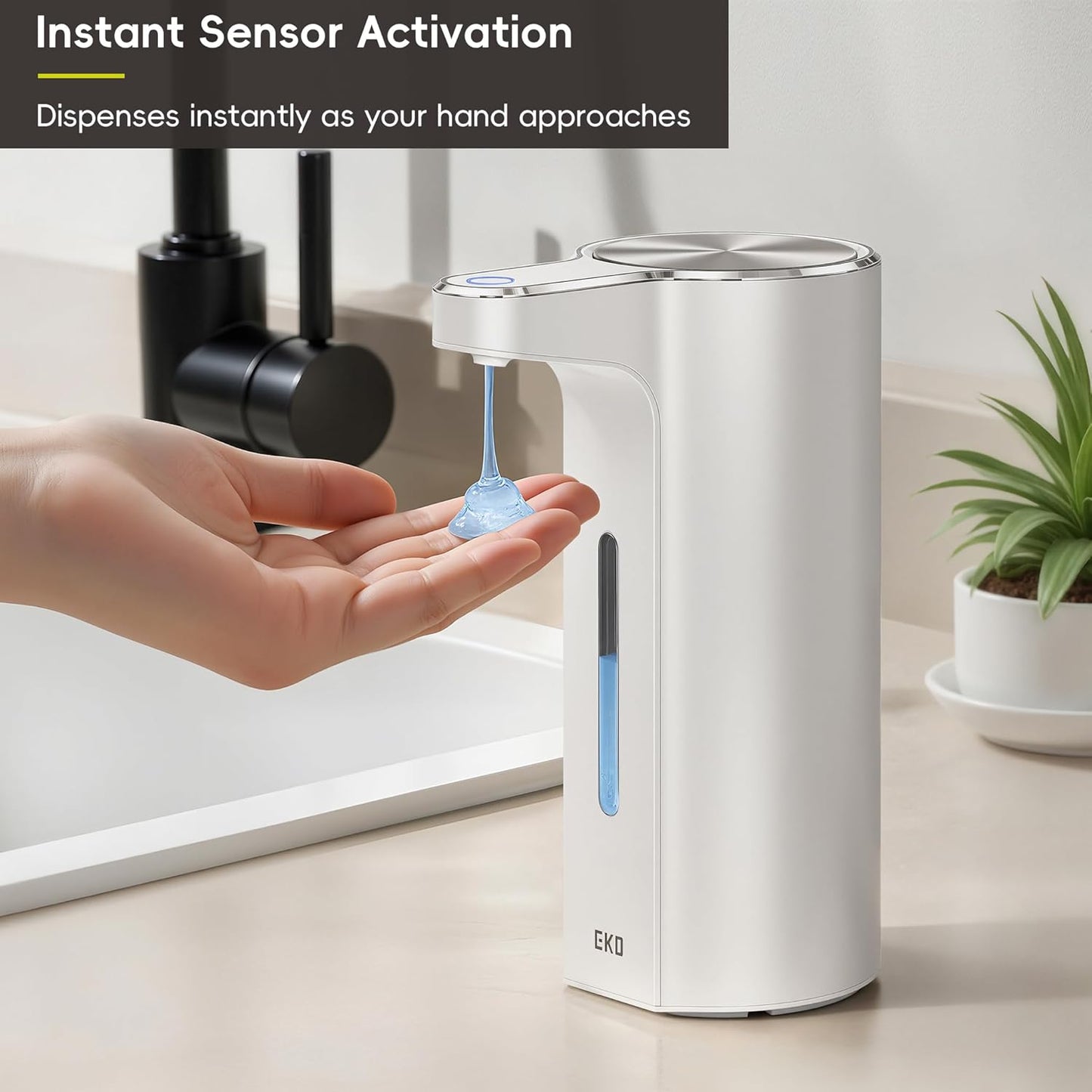 EKO Aroma 9 fl oz Automatic Liquid Soap Dispenser, Rechargeable & Water-Resistant Soap Dispenser for Kitchen and Bathroom with Adjustable Volume Control (Matte Black Steel)