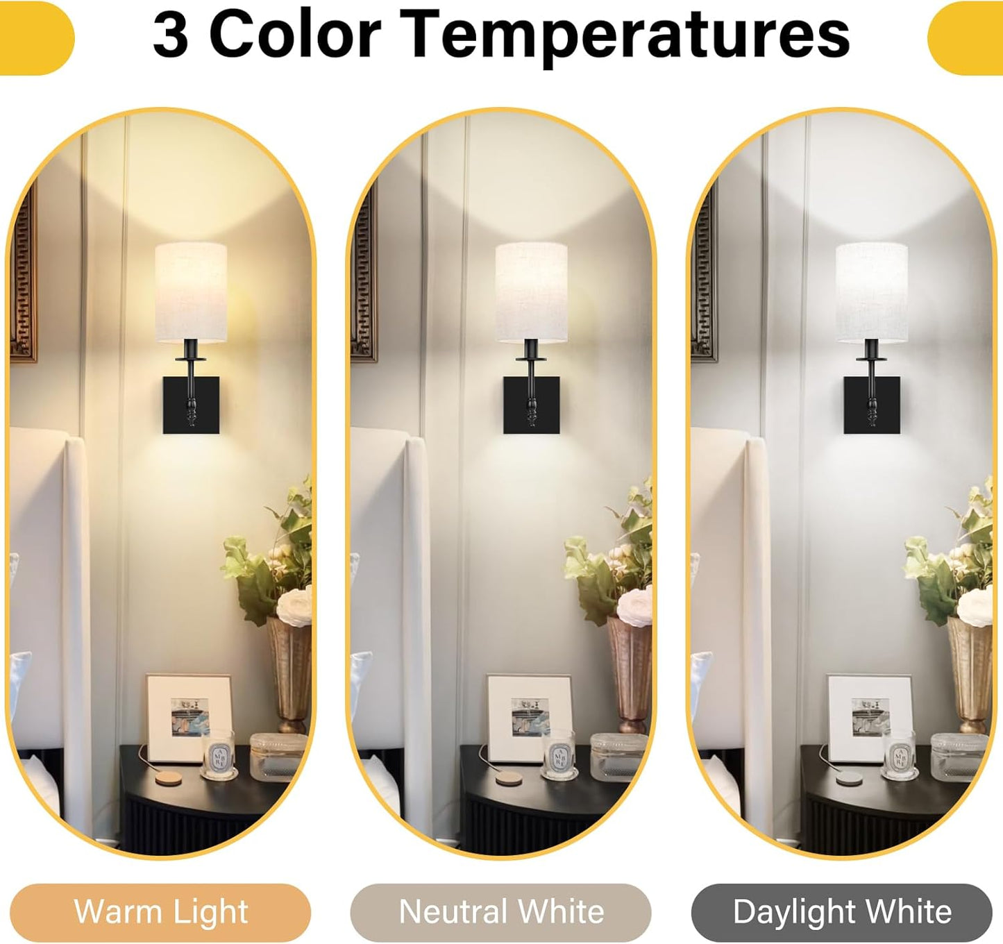 24.8 Inch Black Battery Operated Wall Sconces Set of 2, Rechargeable Wireless Wall Lights with Remote & White Fabric Shade, Indoor Not Hardwired Dimmable Wall Lamps for Bedroom, 2 Bulbs Included