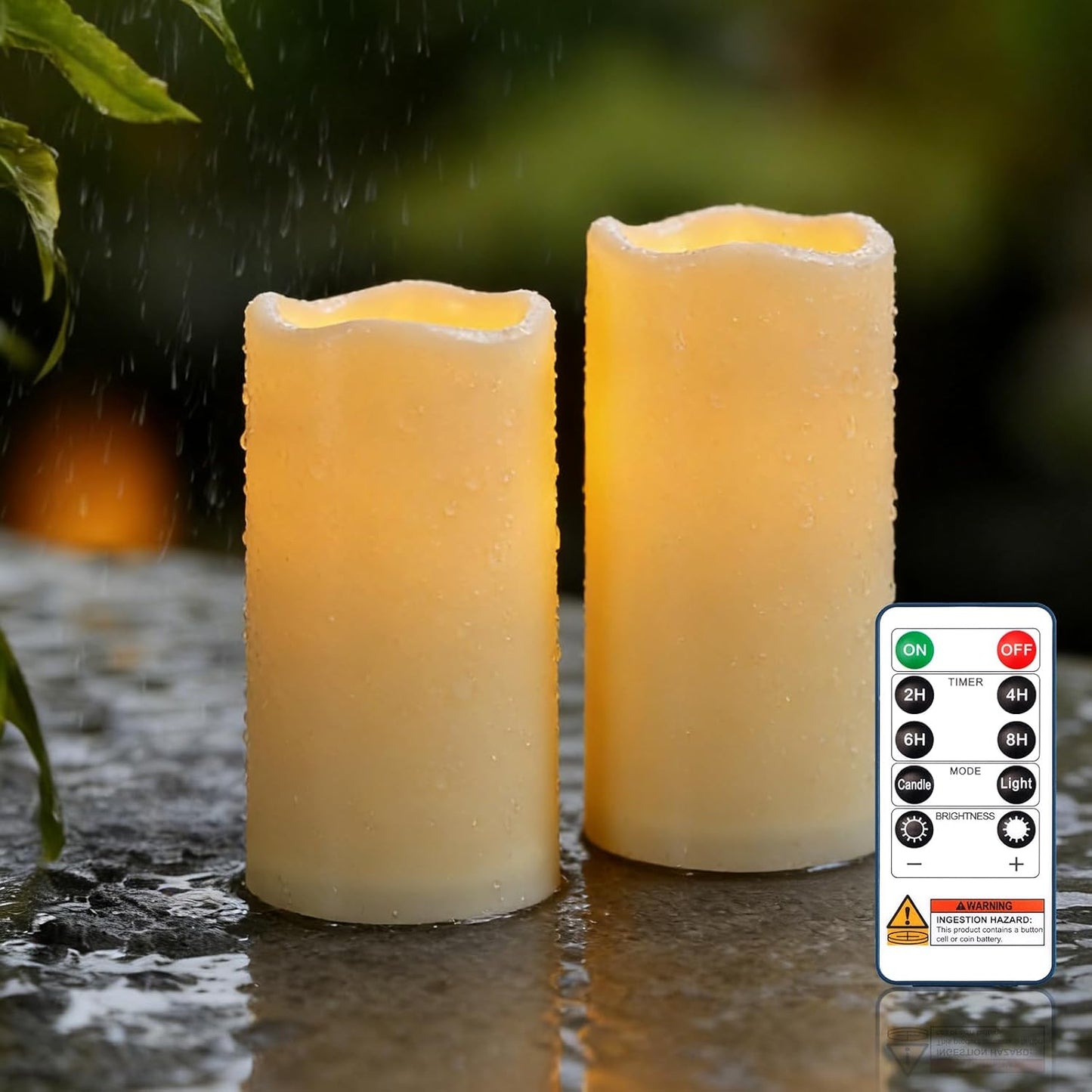 Raycare Outdoor Waterproof Flameless Candles, Battery Operated LED Electric Candles with Remote and Timers, Fake Pillar Candle for Patio, Porch, and Wedding Decor, Ivory, Set of 3(3"x4" 5" 6")