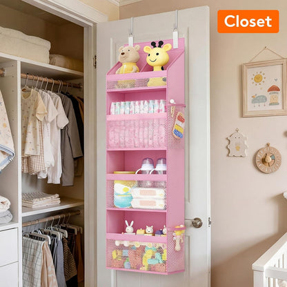 Lifewit 4 Tier Over the Door Diaper Organizer for Nursery, Large Heavy Duty Hanging Storage with 4 Mesh Side Pockets, Sturdy Back of Door Shelf for Baby Stuff Toy in Pantry, Laundry, Bathroom, Gray