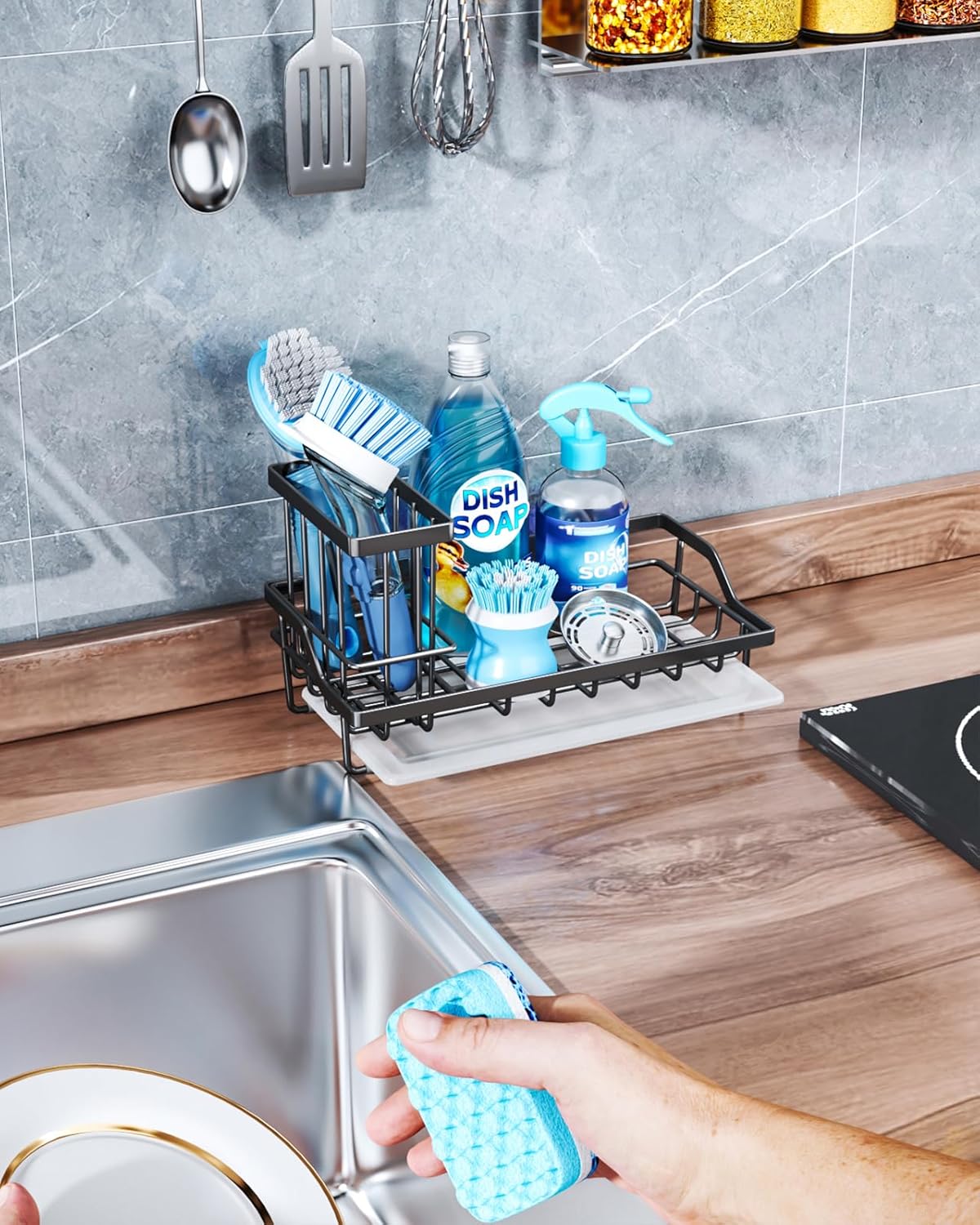 Consumest Sponge Holder for Kitchen Sink - Kitchen Sink Caddy Organizer with Removable Drip Tray for Countertop Dish Soap Dispenser Brush Storage Accessories 304 Stainless Steel - Black