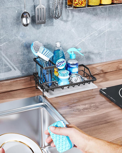 Consumest Sponge Holder for Kitchen Sink - Kitchen Sink Caddy Organizer with Removable Drip Tray for Countertop Dish Soap Dispenser Brush Storage Accessories 304 Stainless Steel - Black