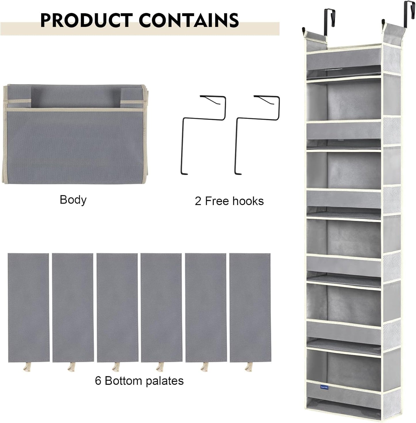 Over The Door Organizer 5-Shelves and 10 Side Pockets, Over The Door Storage for Bathroom Bedroom Nursery, Hanging Door Organizer for Baby Diapers and Kids Toys (13"x5"x44", Grey)