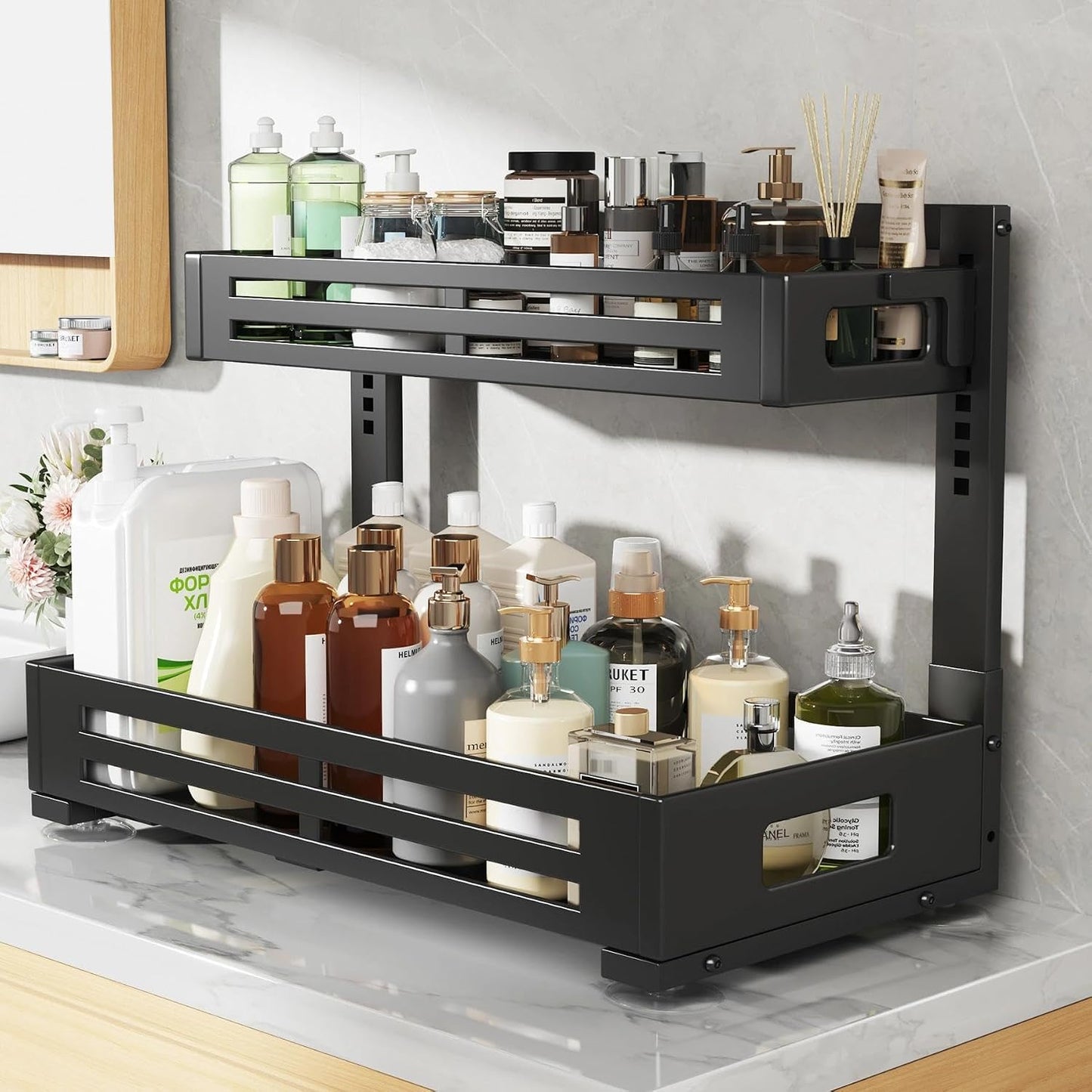 2 Pack Under Sink Organizer,Pull Out Cabinet Organizer with Smooth Cylindrical Rail,Metal Slide Out Drawer for Kitchen Bathroom Laundry Cabinet,8-Level Tool Free Height Adjustable-Black