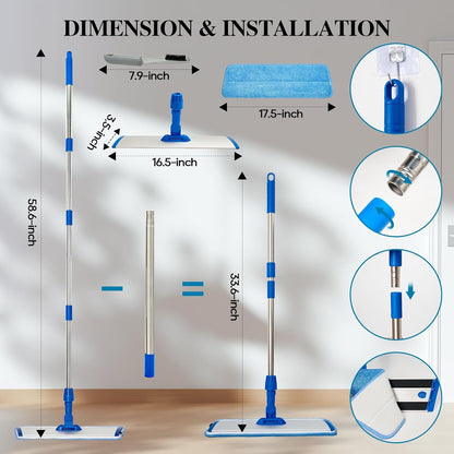 17.5'' Microfiber Mop for Floor Cleaning-Blue Flat Floor Mop with 58'' Stainless Steel Handle- 4 Reusable Washable Replacement Pads-Wet & Dry Use for Hardwood Tile Laminate-Home Kitchen Bathroom
