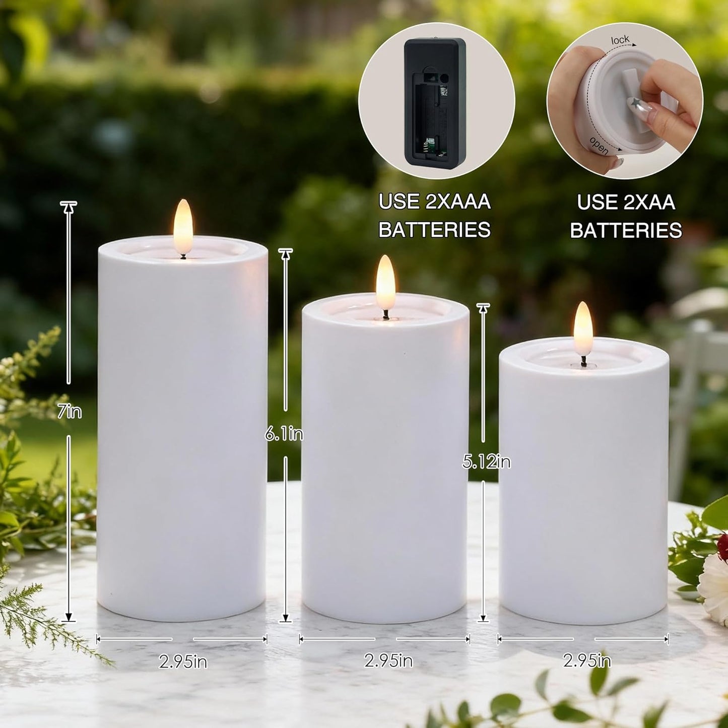 LUSHARBOR Outdoor Flameless Candles, Set of 3 Battery Operated Pillar Candles with Remote & Timer, 3" x4" 5" 6" Waterproof Plastic LED Candles for Patio Porch Garden Yard Candle Lantern Ivory