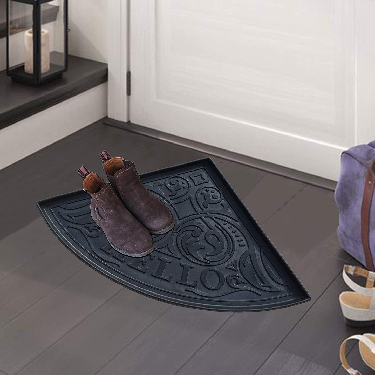 A1HC Heavy Duty Flexible and Durable 100% Rubber Hello Triangle Boot Trays Multi-Purpose for Shoes, Pets, Garden - Mudroom, Entryway, Garage and Scraper Doormat 21.6" X 21.6"