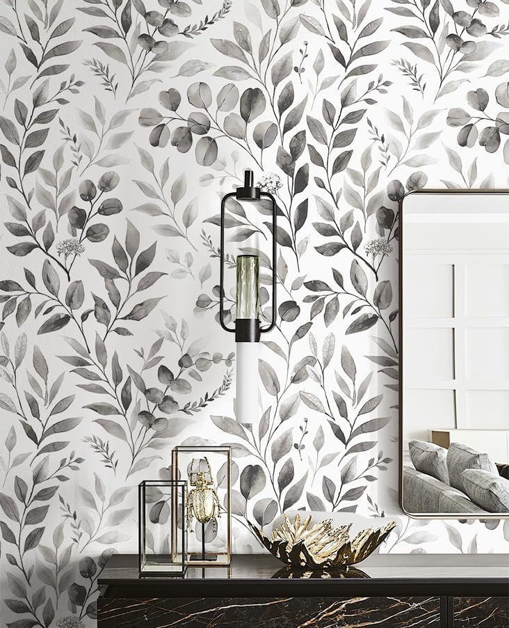 Floralplus Peel and Stick Wallpaper Boho Leaf Removable Wallpaper for Bathroom Renter Leaf Contact Paper for Locker Shelf Liner Vinyl Adhesive Wallpapers Wall Mural Decor 17.5 in x 118 in