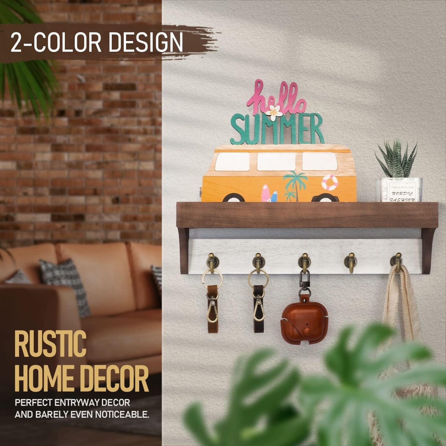 Rebee Vision Farmhouse Key Holder for Wall - Decorative Wooden Mail Organizer with 5 Rustic Key Hooks and Floating Shelf for Home Decor, Hallway, Entryway, Appartment (Retro Brown)