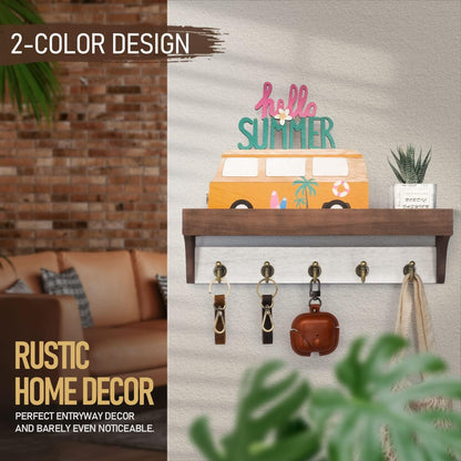 Rebee Vision Farmhouse Key Holder for Wall - Decorative Wooden Mail Organizer with 5 Rustic Key Hooks and Floating Shelf for Home Decor, Hallway, Entryway, Appartment (Retro Brown)
