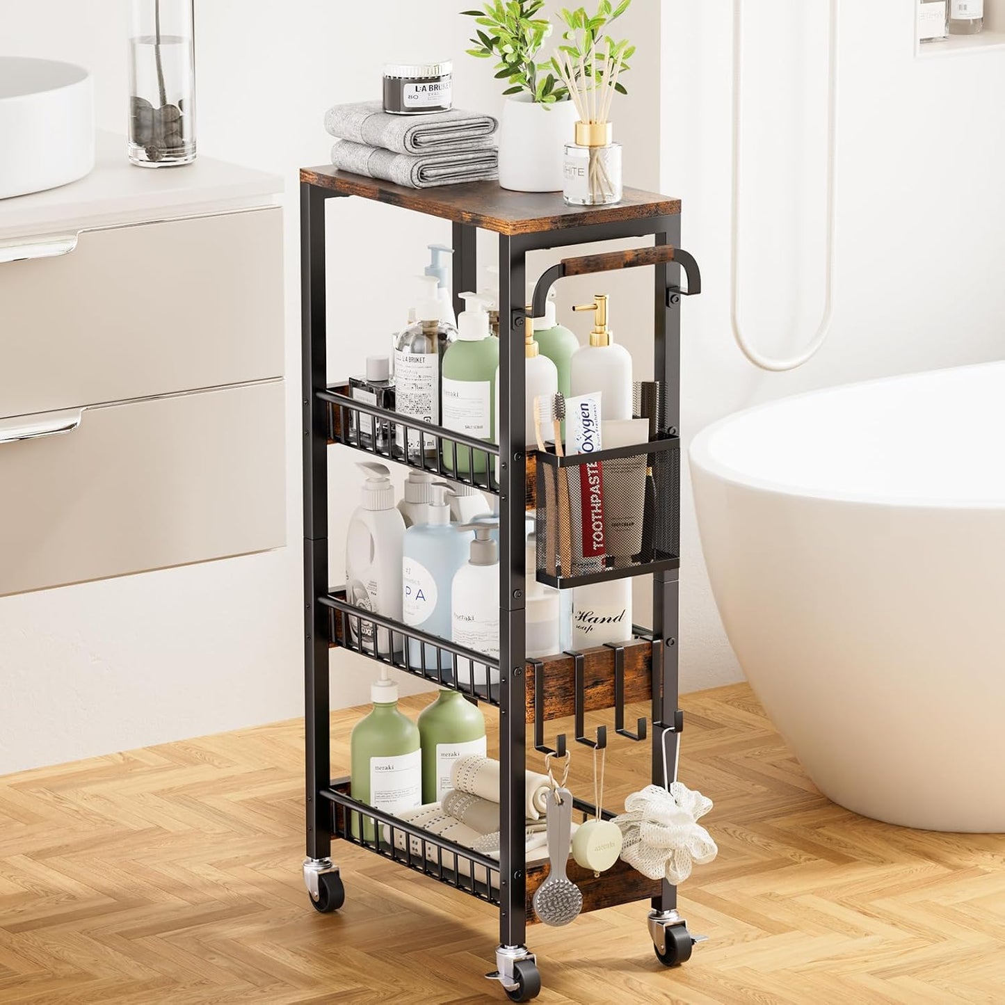 DTUQYX Slim Bathroom Storage Cart, 4 Tier Small Rolling Organizer Cabinet with Wood Top Handle, Mobile Shelving Unit Slide Out for Office, Kitchen, Laundry Room & Narrow Places (9.1" W Metal Basket)