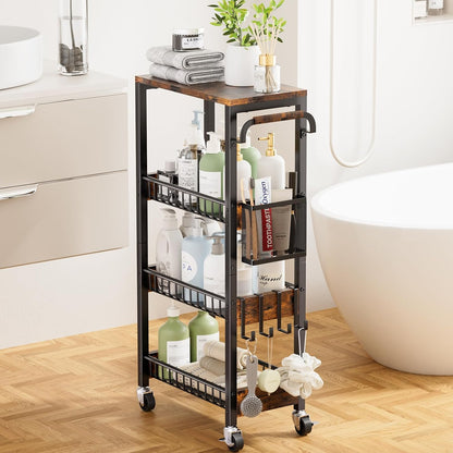 DTUQYX Slim Bathroom Storage Cart, 4 Tier Small Rolling Organizer Cabinet with Wood Top Handle, Mobile Shelving Unit Slide Out for Office, Kitchen, Laundry Room & Narrow Places (9.1" W Metal Basket)