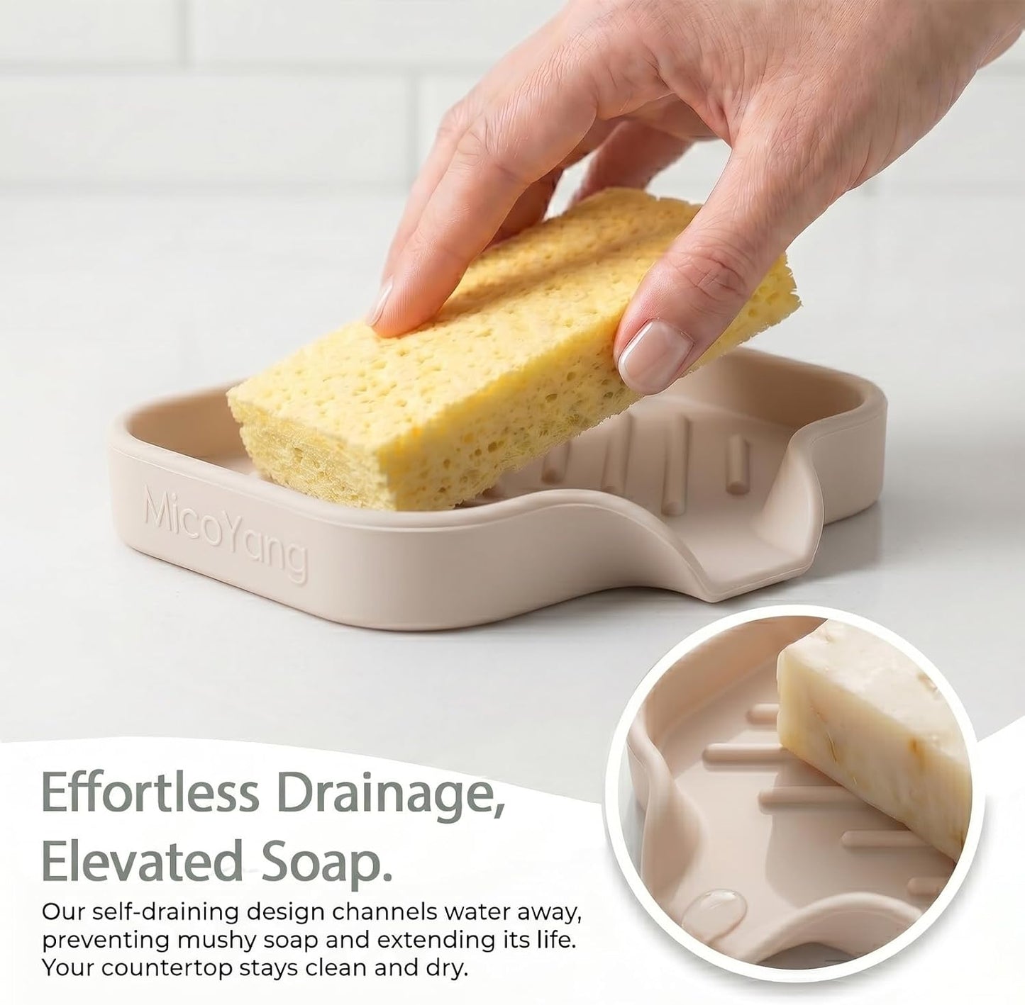 MicoYang Silicone Soap Dish with Drain Spout, Self-Draining Sink Organizer Tray for Bathroom and Kitchen, Sponges, Dispensers and Soap Holder, Non-Slip & Dishwasher Safe, Tapioca (Compact, 4.9"×3.2")
