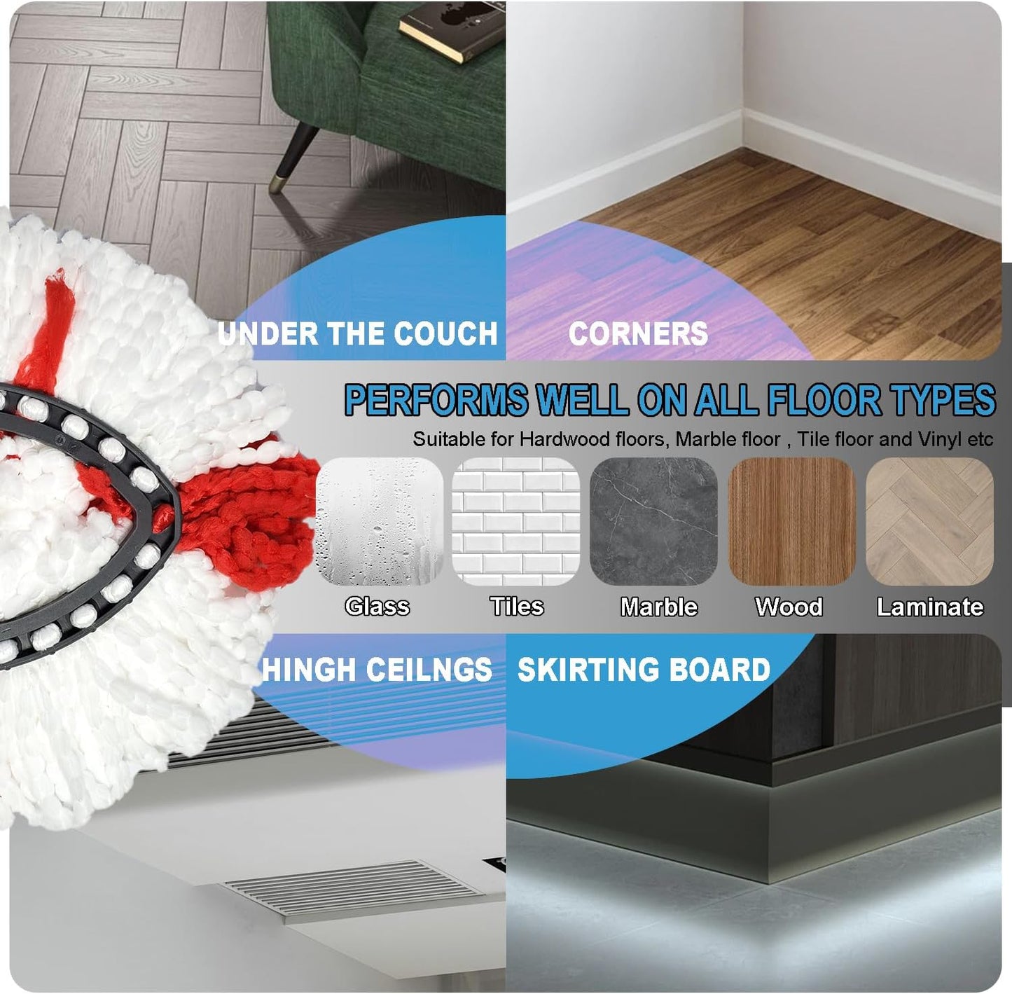 Easywring 1-Tank System,Mop Replacement Heads for O-Ceda Mop Replace Head, Spin Mop Heads Replacements, Microfiber Spin Mop Refills, Easy Cleaning Mop Head Replacement (White-3pcs)