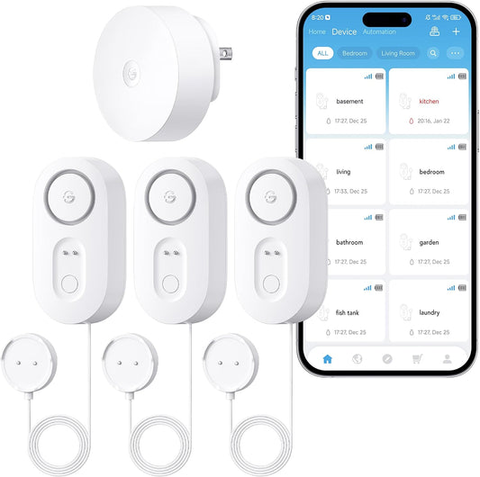 GoveeLife Upgraded Smart Water Leak Detector 1s with 4.92 ft Sensor Cable, WiFi Water Sensor with SMS/Email/APP Push and Sound Alarm, 5-Year Battery Life, Suit for Home, Basement, Kitchen (3 Pack)