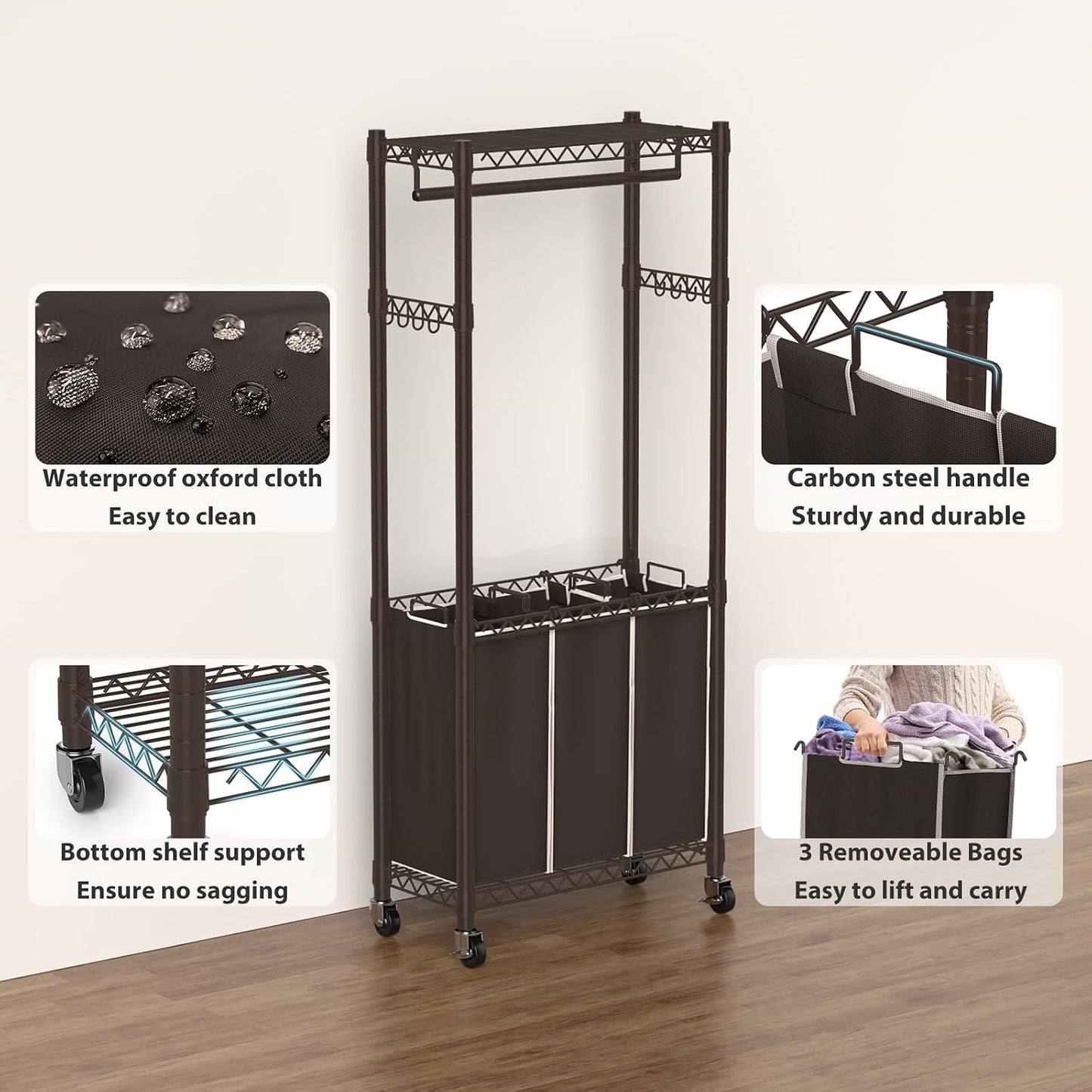 Hodonas Rolling Laundry Basket Organizer with Wheels and Hanging Bar, Laundry Hamper Cart Laundry Sorter 3 Section, Dirty Clothes Hampers for Laundry Bedroom Bathroom w/ 3 Removable Bags, Black
